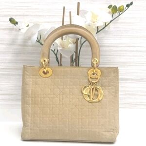 Christian Dior Vintage Lady Dior Bag Cannage Tan Quilt Nylon Medium (EVC)